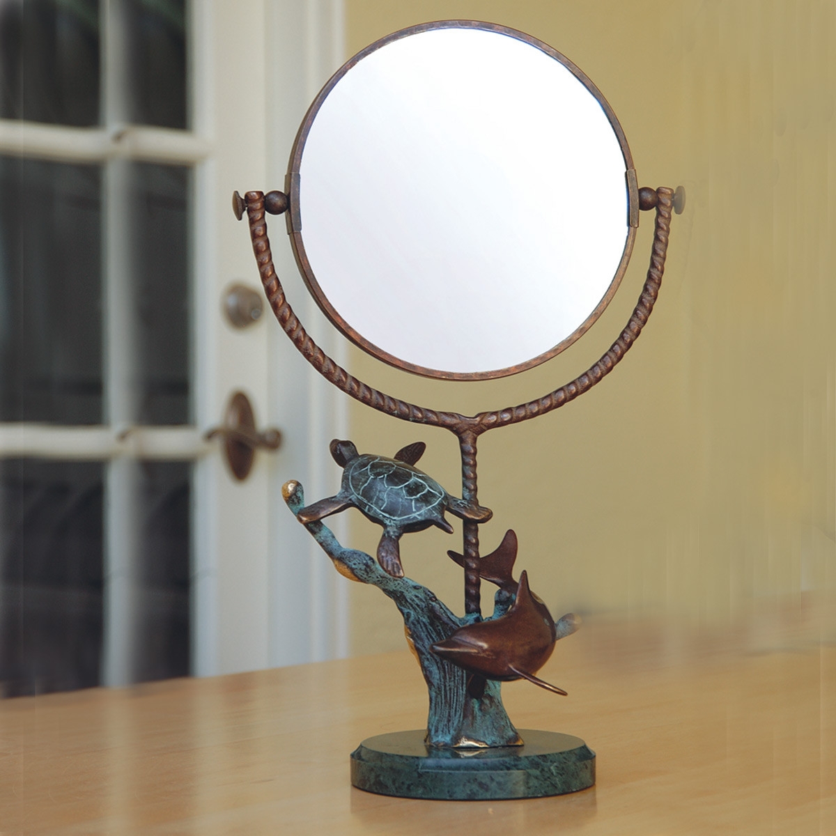 Tabletop Mirror with Verdigris Marine Sculpture Animal Base