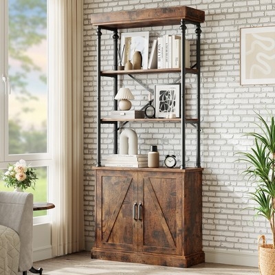 Tall Bookshelf Barn Door Storage Cabinet and Metal Pipe Frame