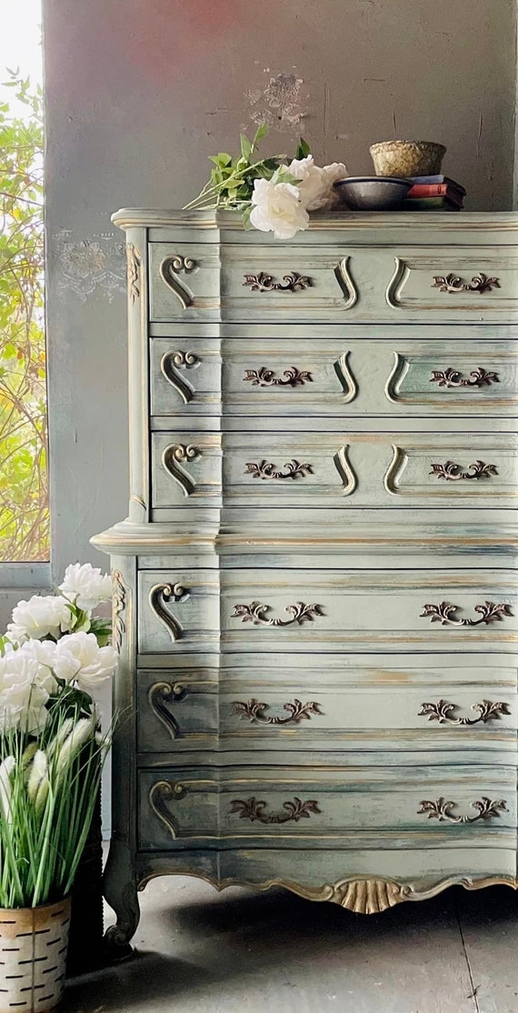 Tall Dresser with Sage Green Patina and Shell Motif