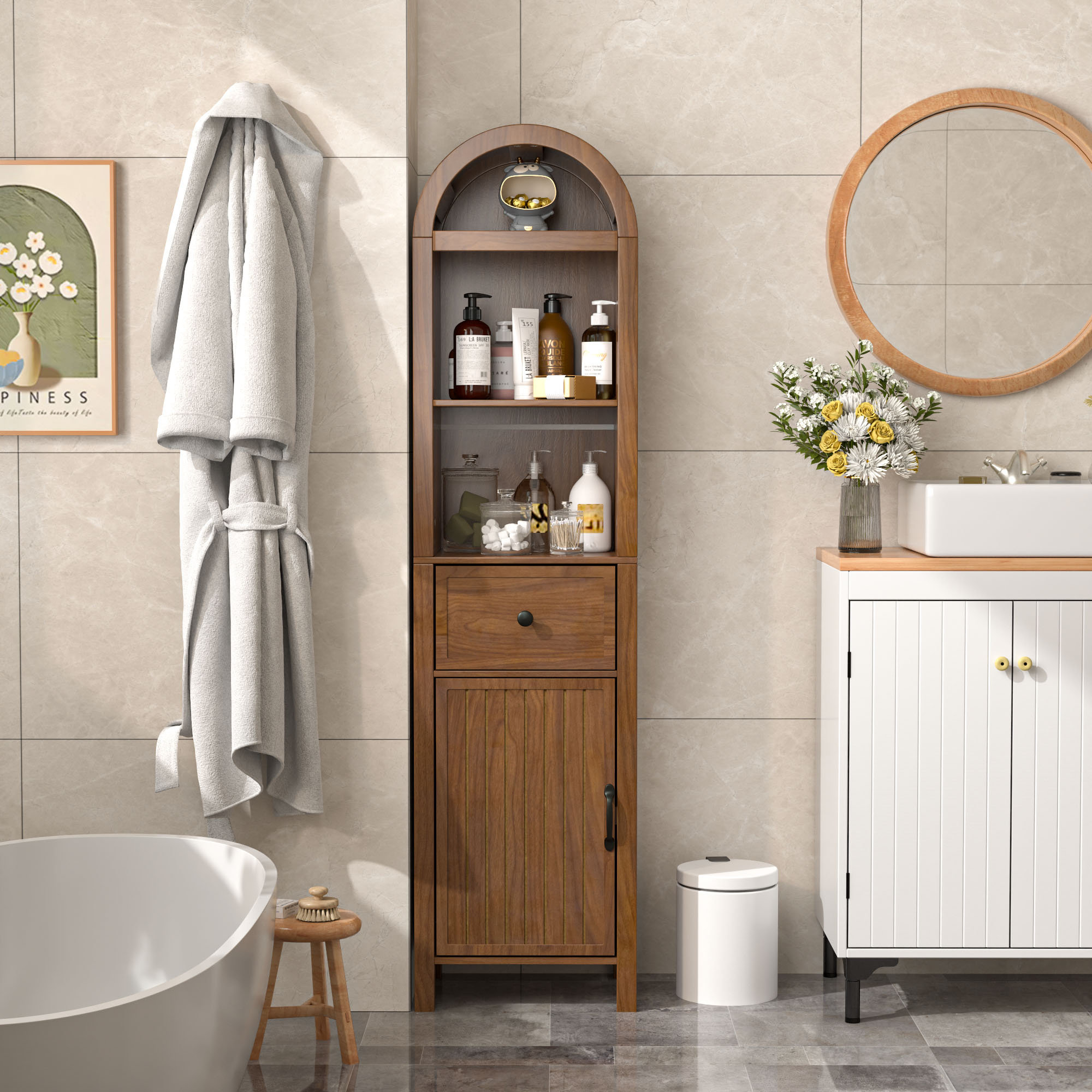 Tall Storage Cabinet: Arched Top Walnut Arched Bathroom Cabinet