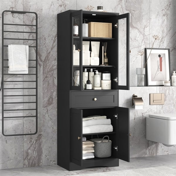Tall Storage Cabinet: Matte Black Glass Door Linen Tower