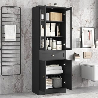 Tall Storage Cabinet: Matte Black Glass Door Linen Tower