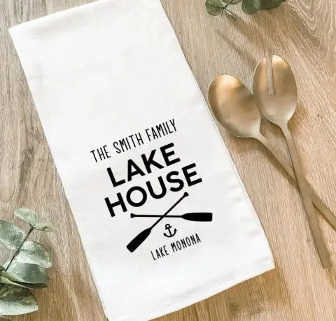 Tea Towel Gold Toned Utensils Personalized Lake House Decor