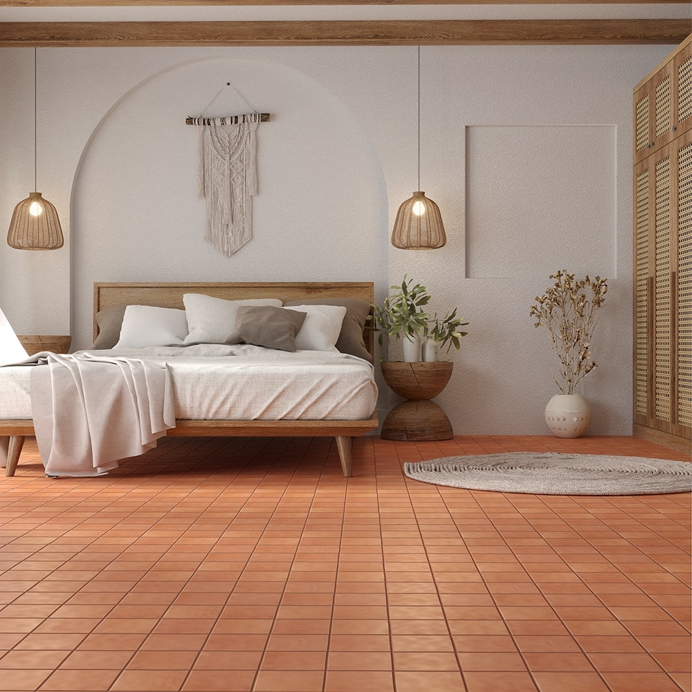 Terracotta Tiles Square Grid with Recessed Bedroom Arch