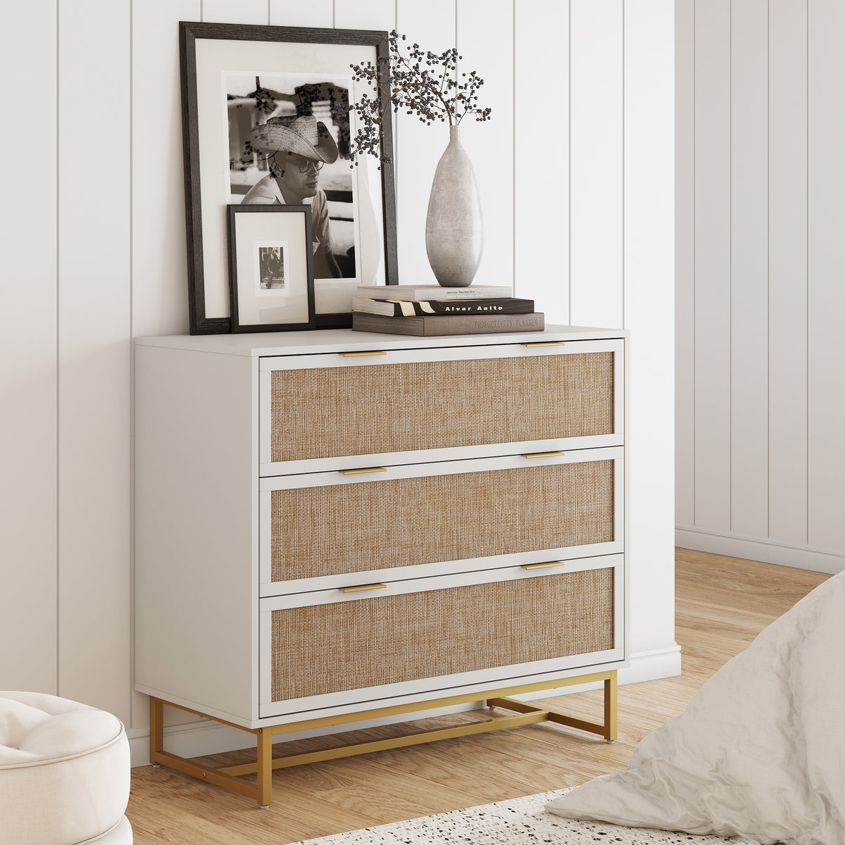 Three Drawer Dresser White Rattan Dresser Gold Metal Base