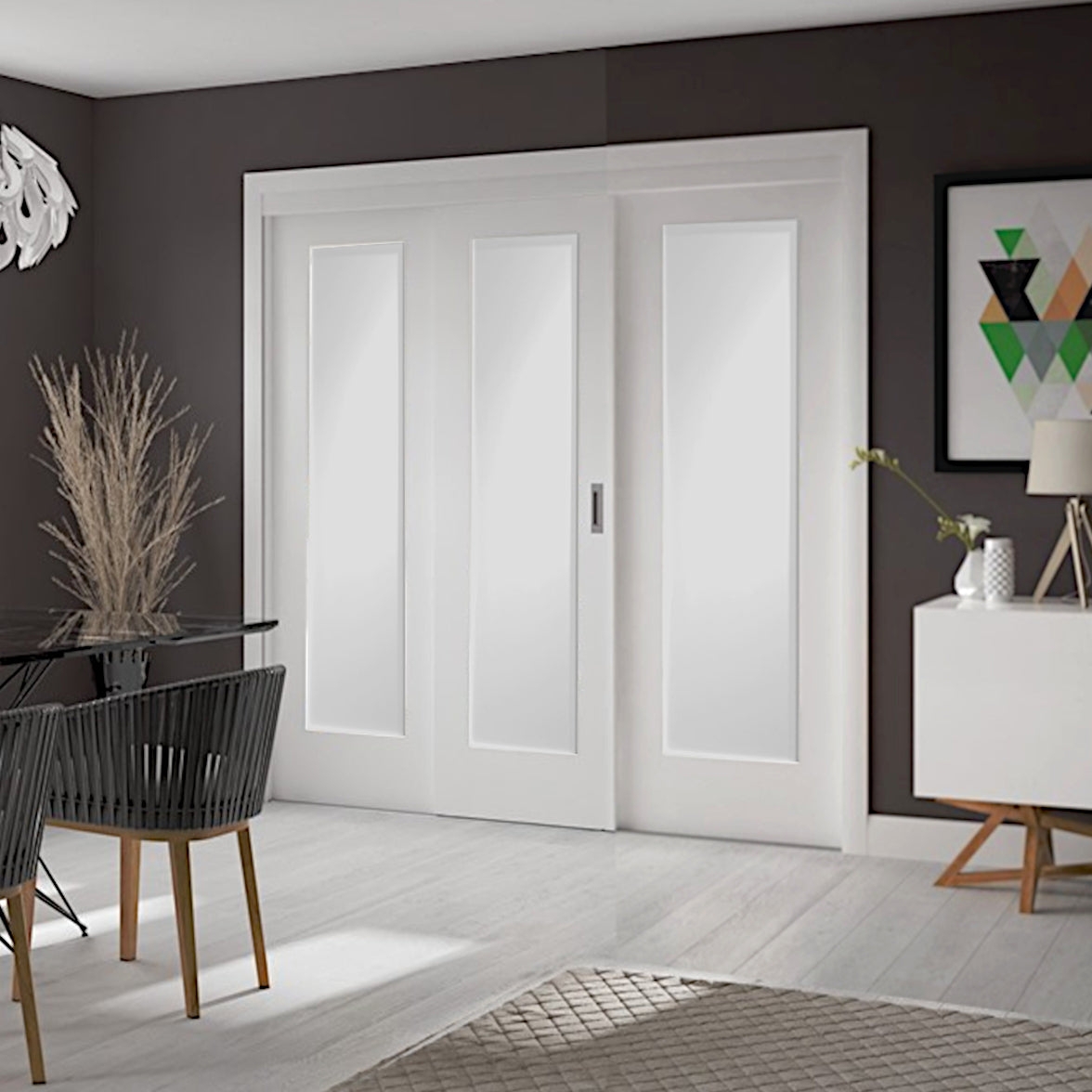 Three Panel Sliding Room Divider White Recessed Hardware Doors