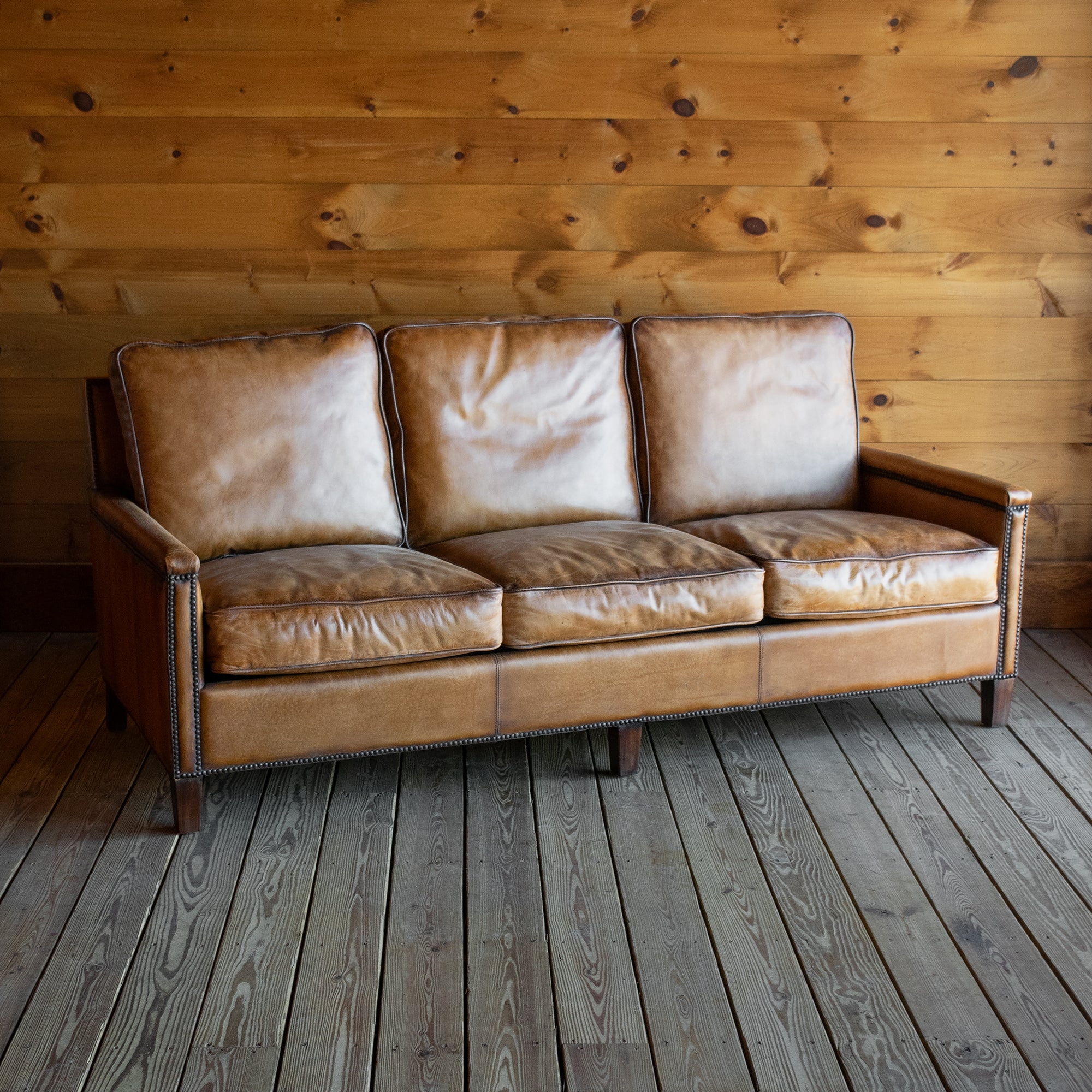 Three Seat Sofa in Cabin Style with Distressed Leather Look