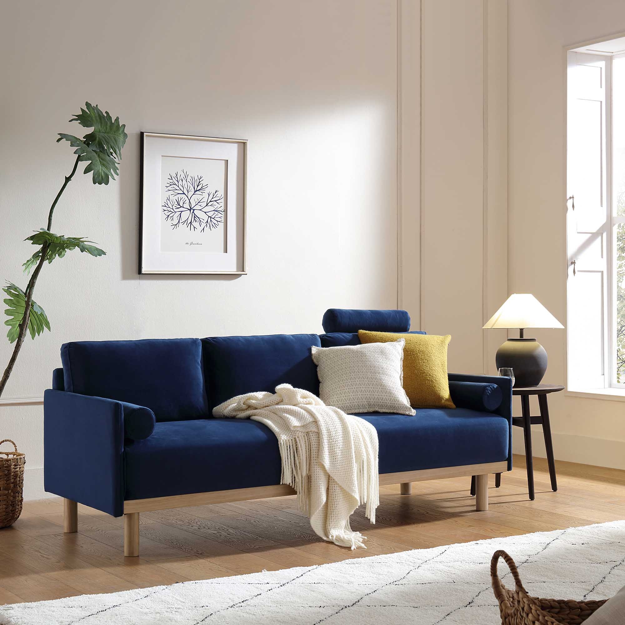 Three Seater Sofa: Cylindrical Bolsters Tapered Wood Leg Sofa