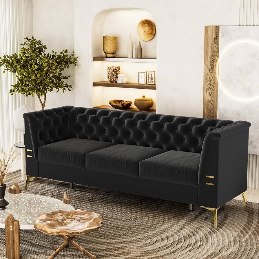 Three Seater Sofa with Horizontal Arm Accents and Metallic Legs