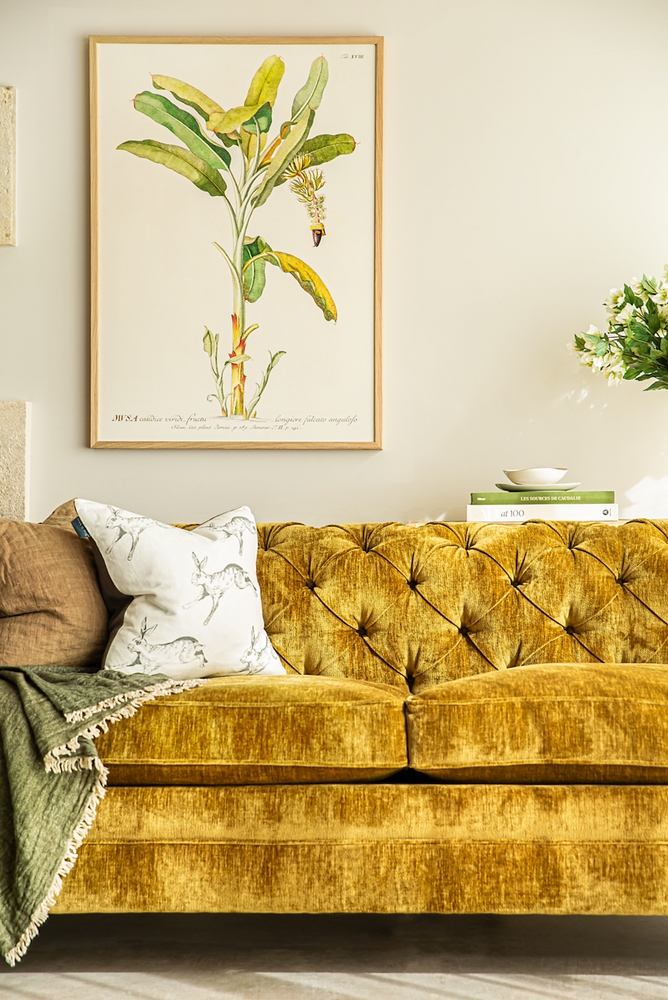 Three Seater Sofa with Rabbit Motif Pillow and Amber Velvet