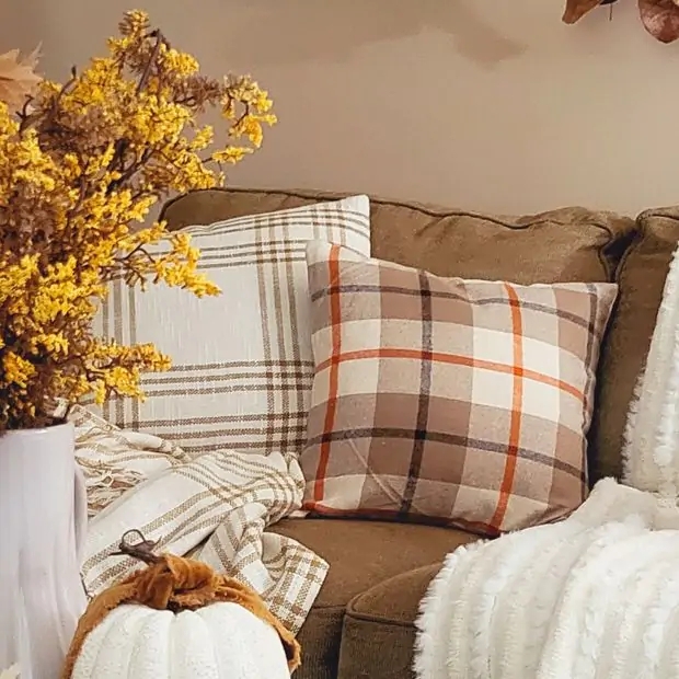 Throw Pillow: Autumn Windowpane Grid Burnt Orange Plaid