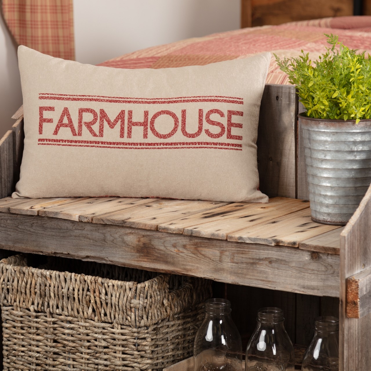 Throw Pillow: Barn Red Text Rustic Beige Typography Accent