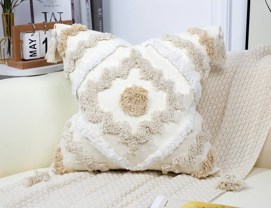 Throw Pillow Cover: Geometric Tufting and Corner Tassels