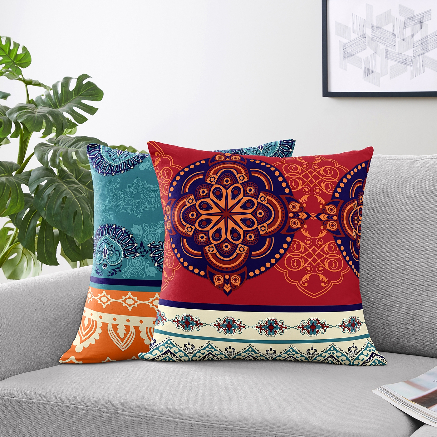 Throw Pillow Covers Mandala Pattern Set of Two Teal
