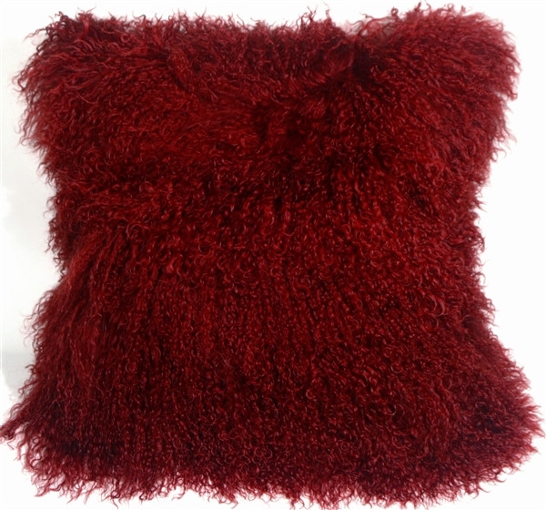 Throw Pillow Crimson Red Mongolian Sheepskin Fur