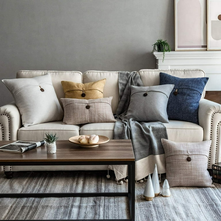 Throw Pillow: Decorative Button Horizontal Seam Navy Accent