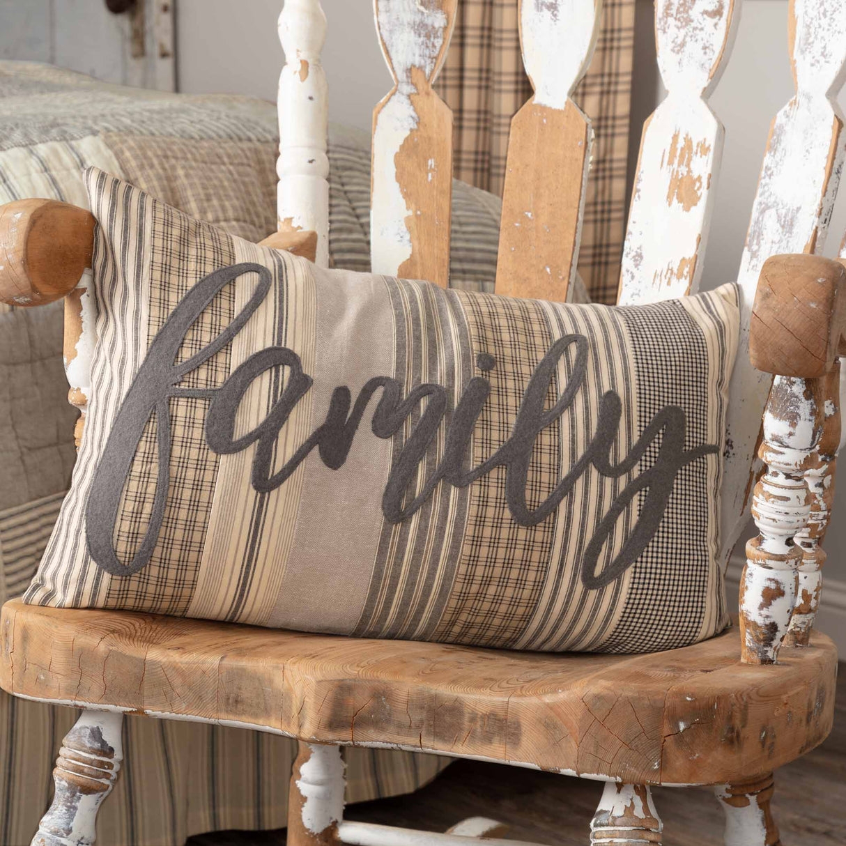 Throw Pillow: Family Script Applique Ticking Stripe Decor