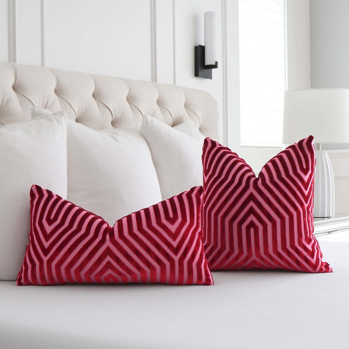 Throw Pillow Fuchsia Geometric Cut Velvet Accent