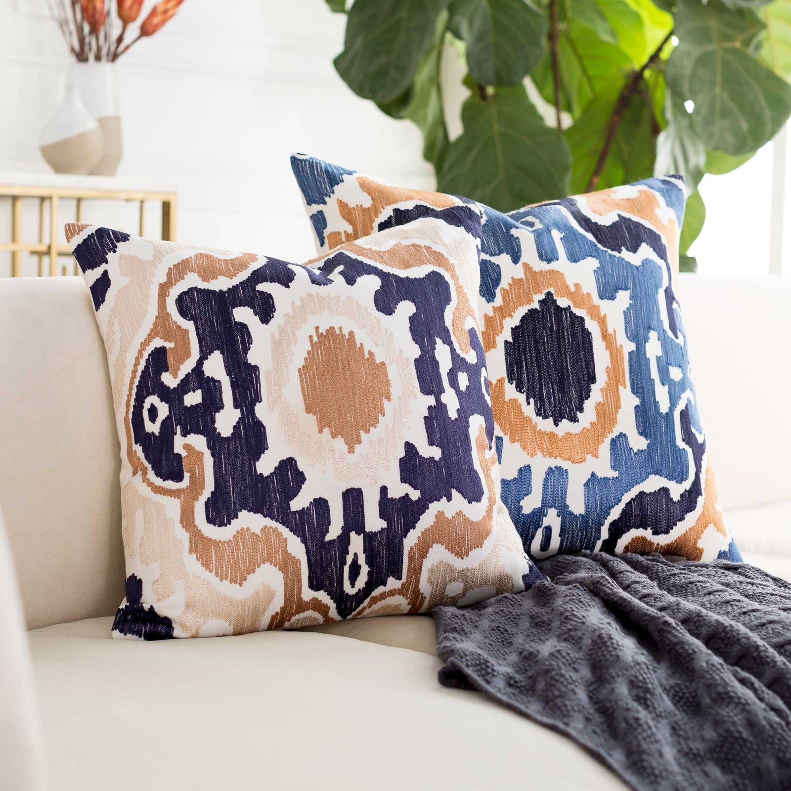 Throw Pillow: Ikat Medallion Print Camel and Tan Accent