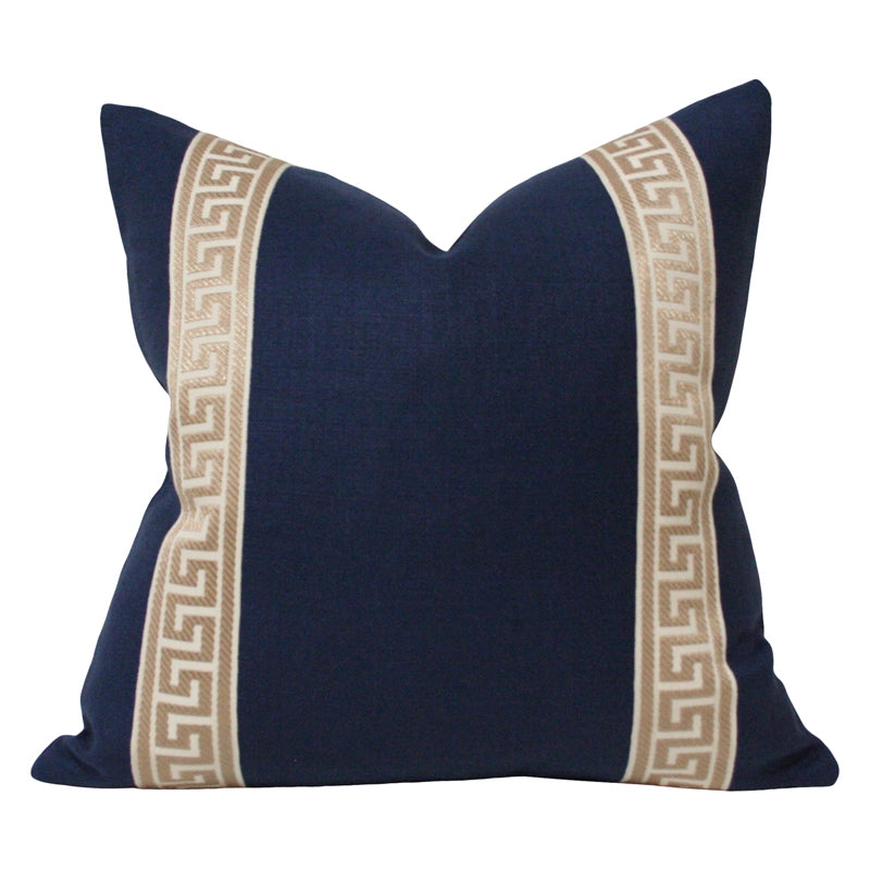 Throw Pillow: Navy Linen Base Greek Border Cushion