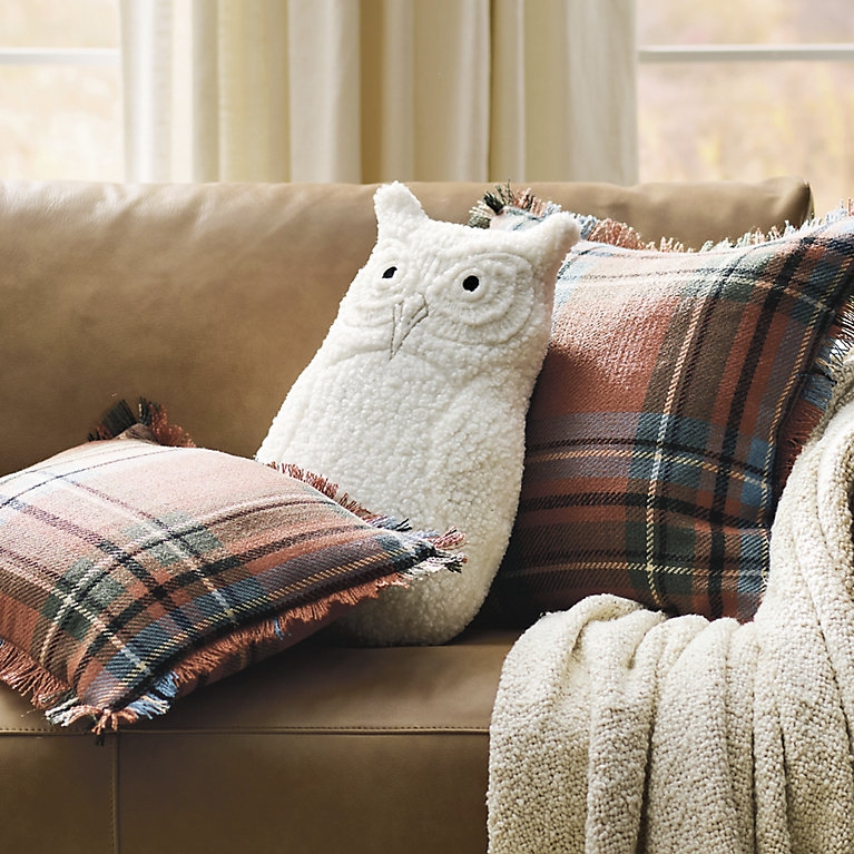Throw Pillow: Owl Shaped Pillow Plaid Fringe Sherpa Decor