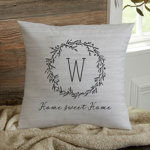 Throw Pillow: Personalized Serif Monogram Floral Wreath