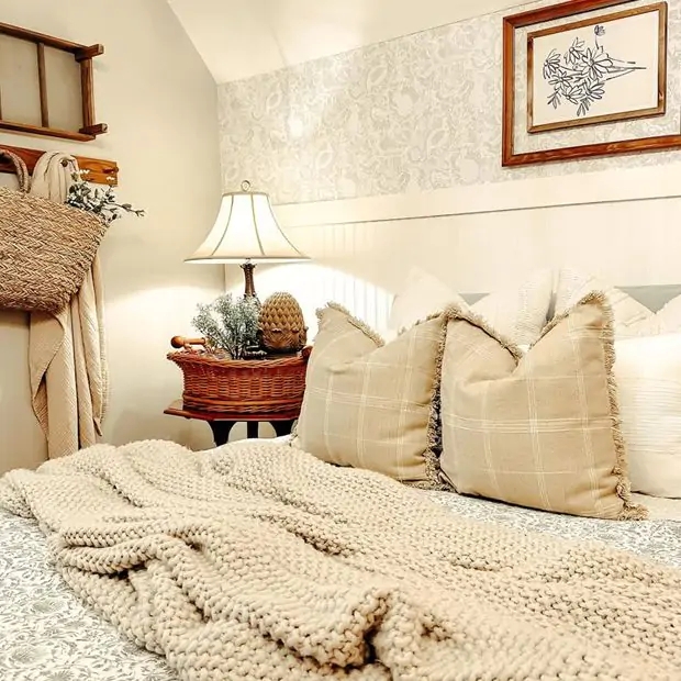 Throw Pillow: Plaid Fringe Trim Natural Farmhouse Bedding