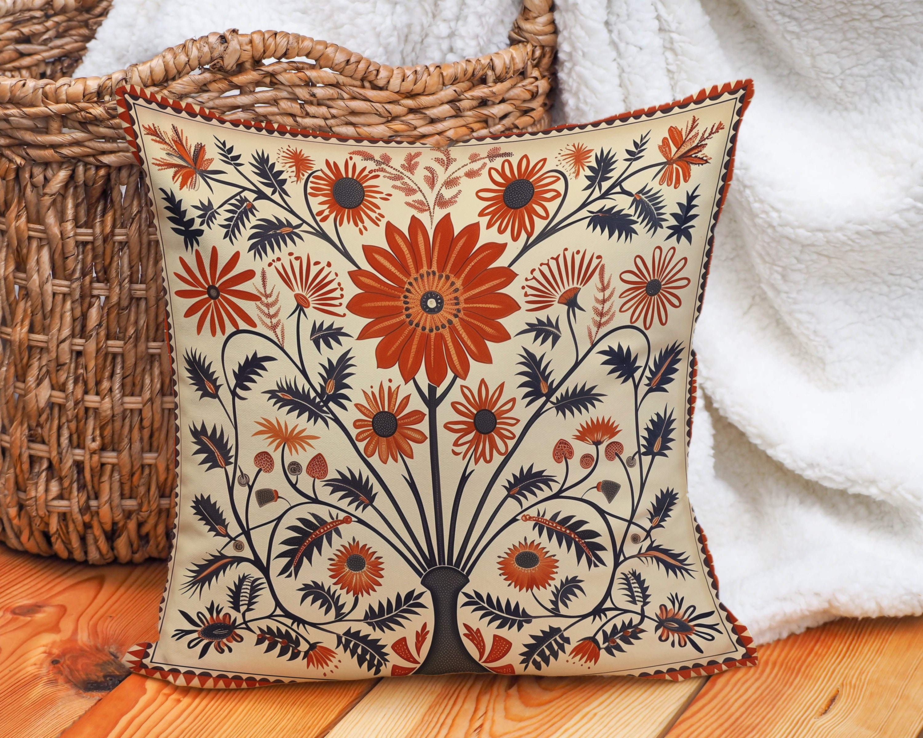 Throw Pillow Terracotta Scalloped Trim Botanical