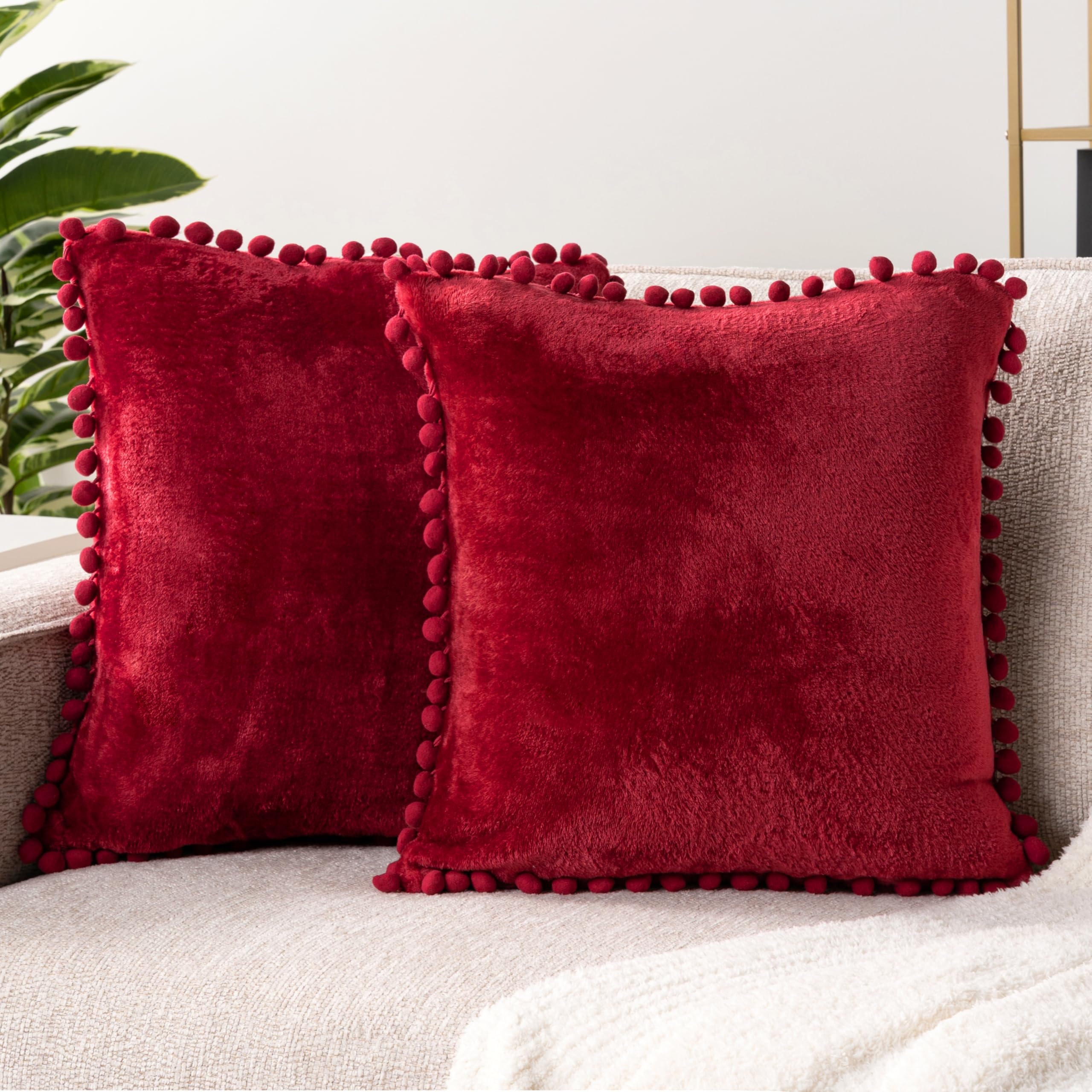 Throw Pillow with Pom Pom Trim Burgundy Red Fabric