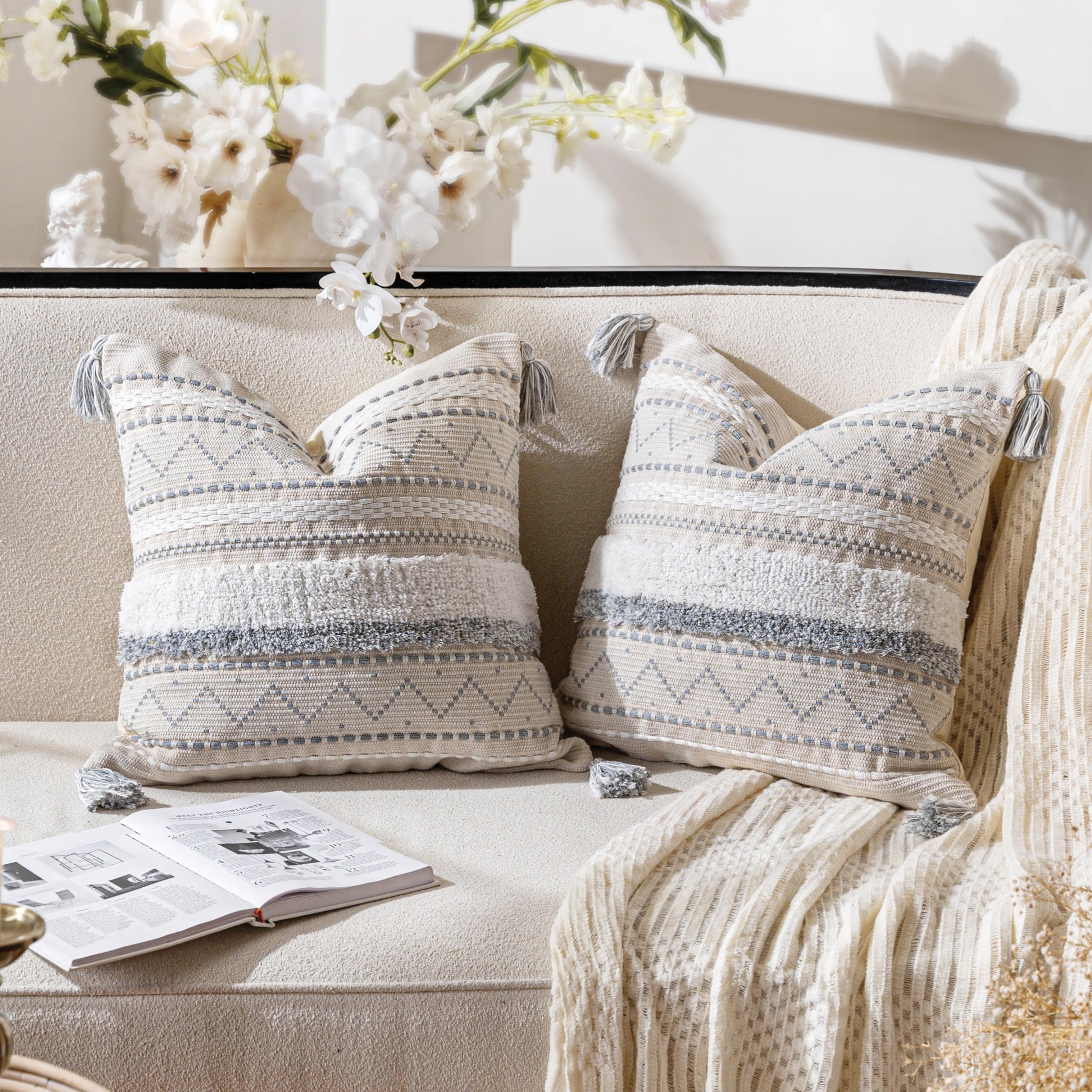 Throw Pillows: Grey Boho Tassel Set with Shag Details