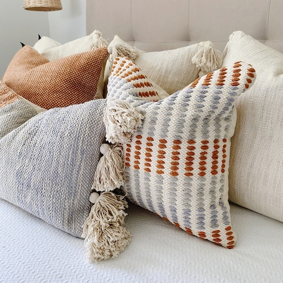 Throw Pillows: Oversized Tassels Rust and Blue Boho Decor