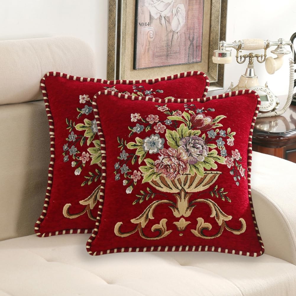 Throw Pillows Vintage Floral Embroidery Crimson Tone