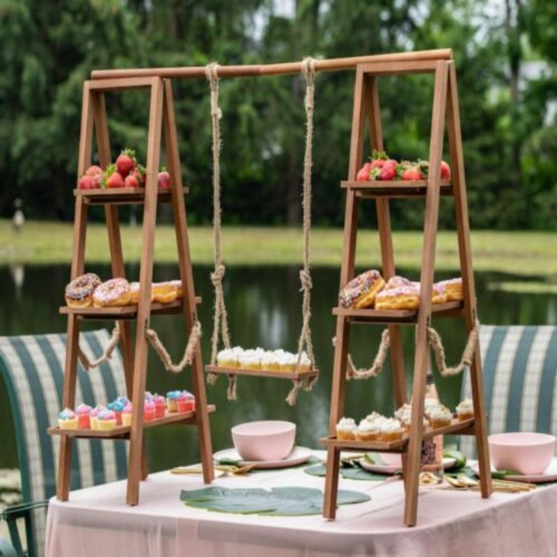 Tiered Display Stand: Rustic Wood Swing Tray for Wood Swing Display
