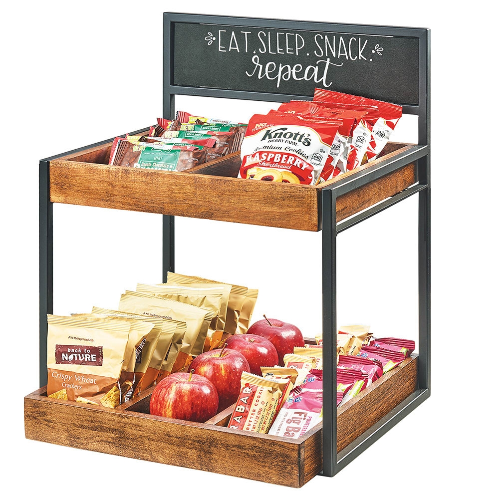 Tiered Merchandiser: 2-Tier Walnut Wood Bins Snack Display Stand