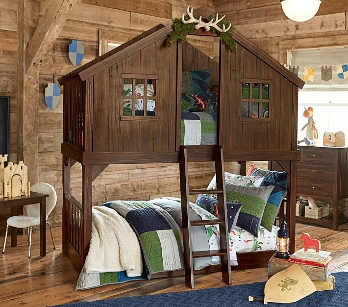 Treehouse Bunk Bed: Enclosed Loft & Rustic Kids Bedroom