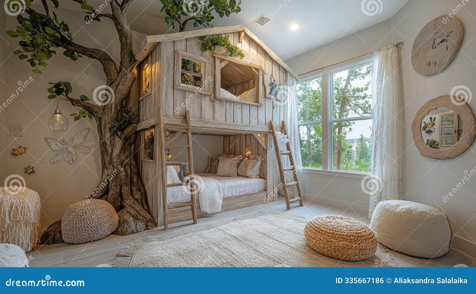 Treehouse Bunk Bed: Tree Pillar Support & Safari Theme Bed