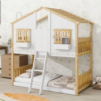 Treehouse Bunk Bed with Window Boxes: White and Wood Twin House Bed