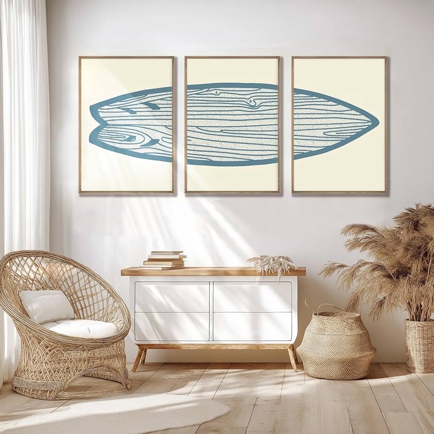 Triptych Wall Art Surfboard Motif Wood Grain Print Set