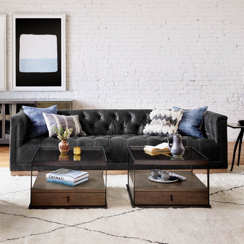 Tufted Leather Sofa in Destroyed Black Leather Style