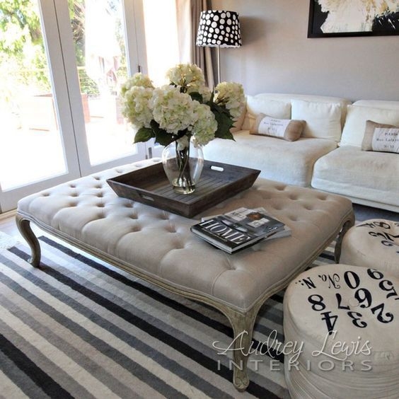 Tufted Ottoman with Cabriole Legs and Distressed Whitewash