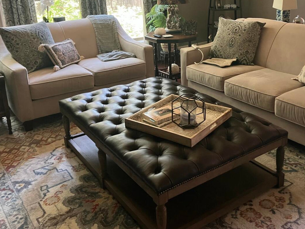 Tufted Ottoman with Lower Storage Shelf and Rectangular Base