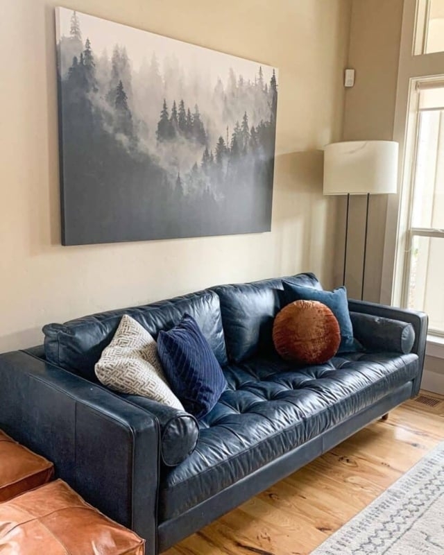Tufted Sofa Leather-like Navy Blue Seat Deep Tufting