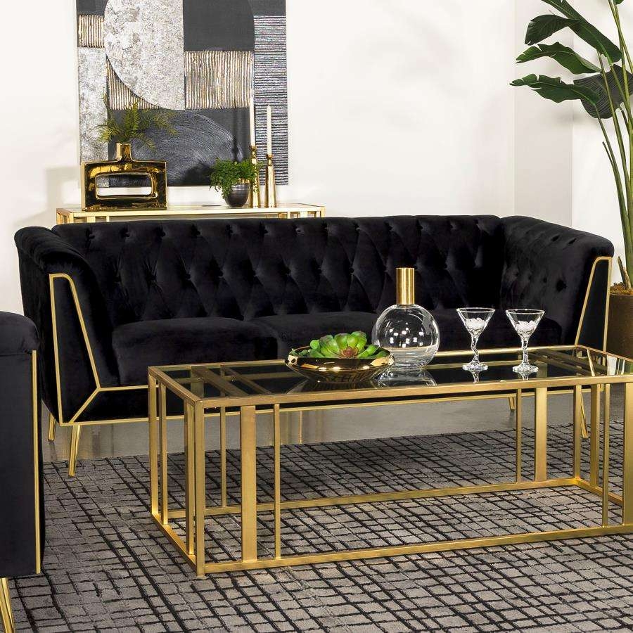 Tuxedo Sofa with Gold Accent Base and Sophisticated Art Deco