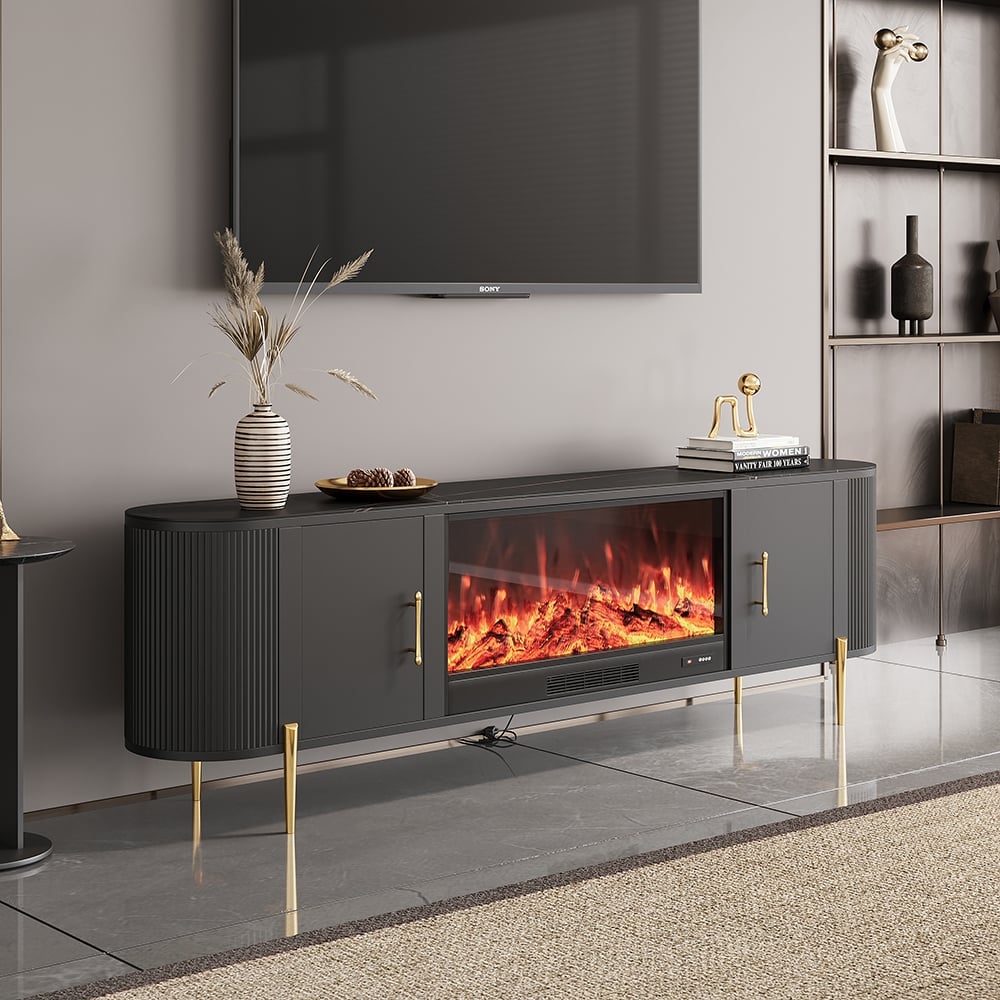 TV Stand Featuring Fluted Texture and Curved Ends Fireplace