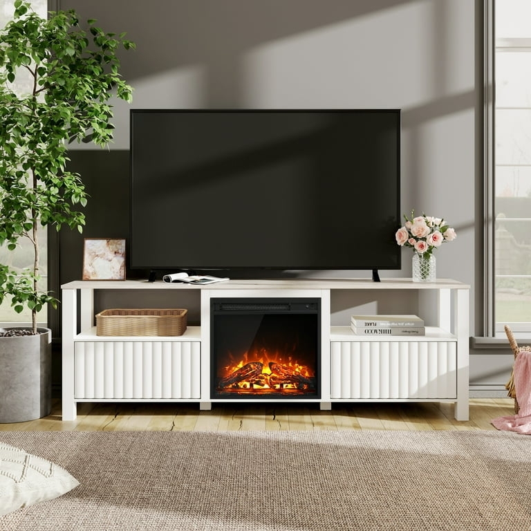 TV Stand with Fluted Cabinet Doors and White Fireplace Unit
