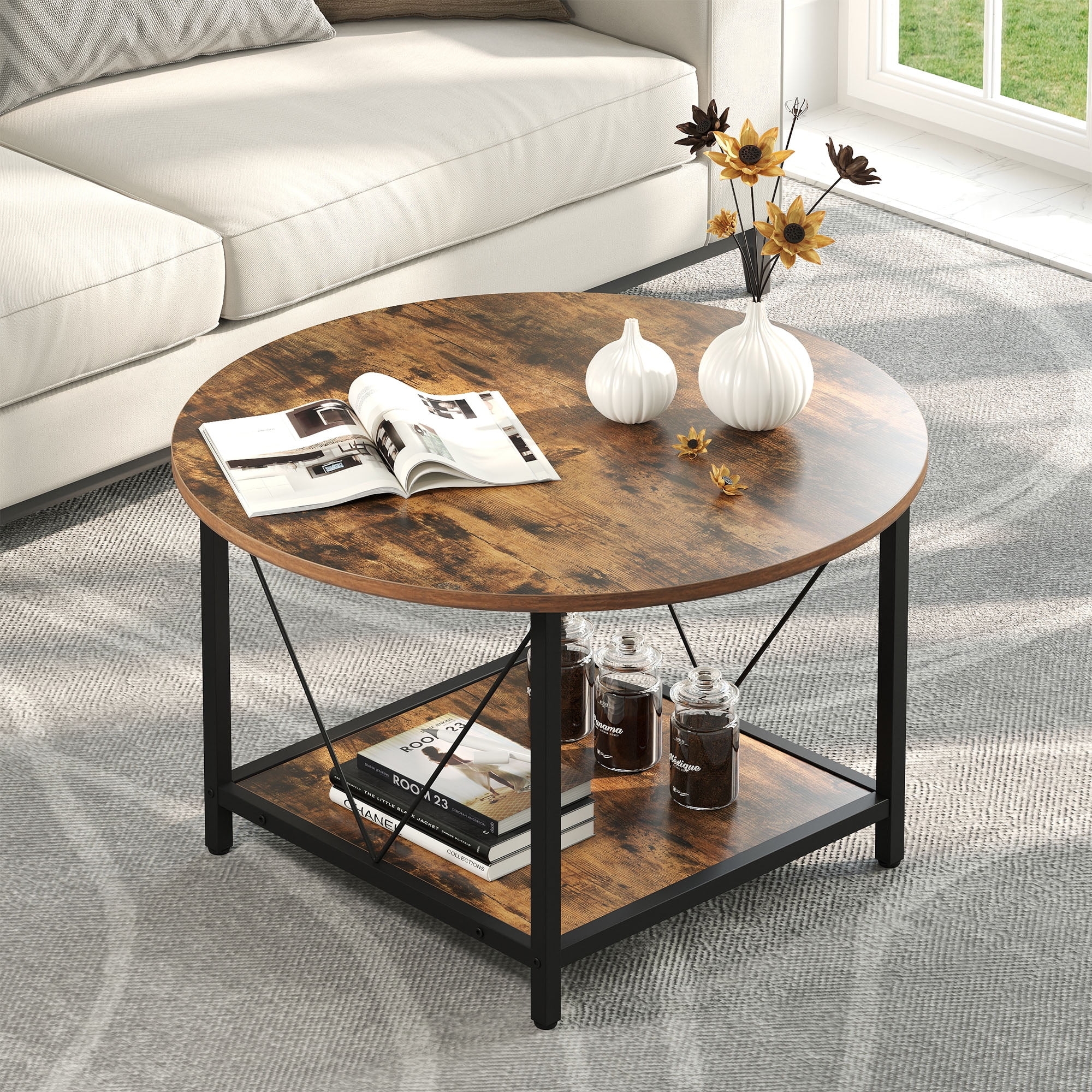 Two-tier Coffee Table with Round Top and Square Storage Shelf