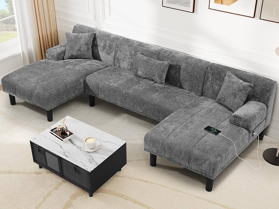U-Shaped Sectional Double Chaise Textured Chenille Grey