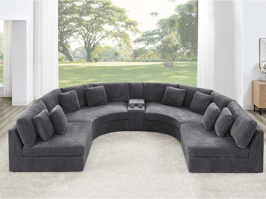 U-Shaped Sectional Integrated Cup Holders Charcoal Grey