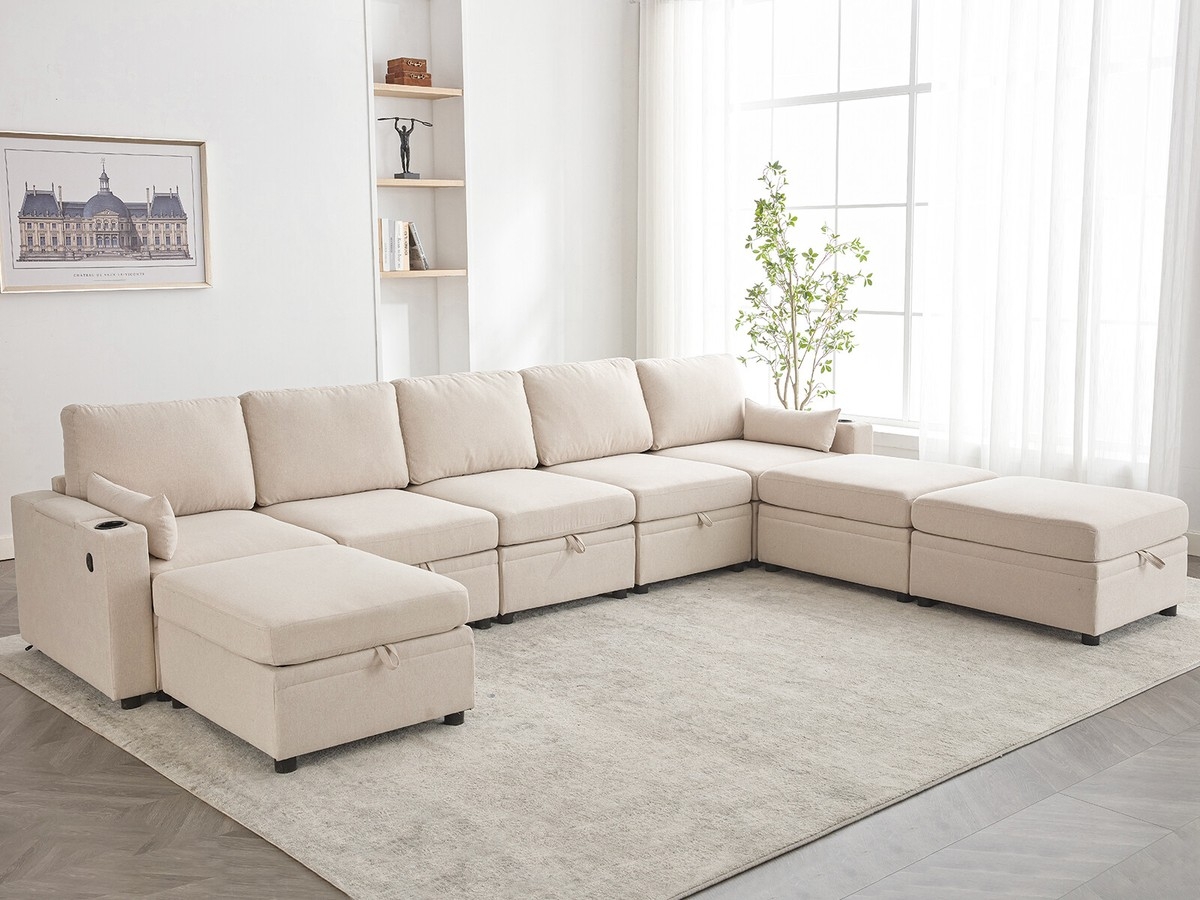 U-Shaped Sectional Storage Ottomans Cream USB Port Sofa