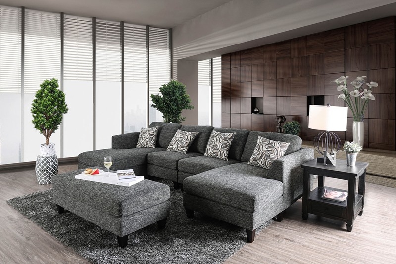 U-Shaped Sectional with Double Chaise Design & Ottoman